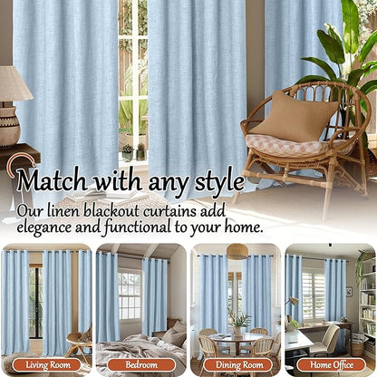 Baby Blue Linen Blackout Curtains for Nursery 72 Inch Length 2 Panels Set, Thermal Insulated Boho Total Black Out Noise Reducing Bonzer Grommets Window Curtains for Kids Bedroom, Each 52 Inch Wide