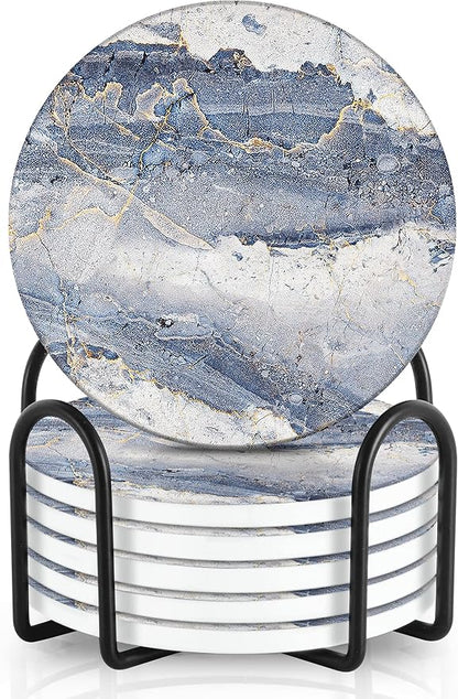 Emerson Essentials Coasters for Drinks Absorbent with Holder, Set of 6, Cork Bottom Ceramic Stone Marble Style for Wooden Coffee Bar Tables, Glass Tabletop Non Slip, Natural Stone