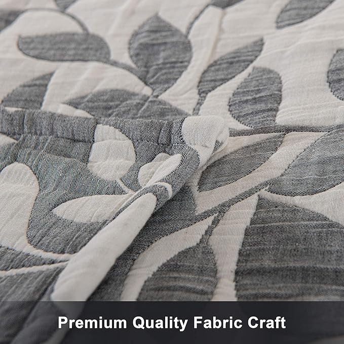 NTBAY 3 Layers Cotton Muslin 88x92 Queen Bed Blanket, Super Soft Breathable Thermal Yarn Dyed Quilt for Adults, Perfect Lightweight Blanket for Couch Sofa Bed All Seasons, Grey Leaf