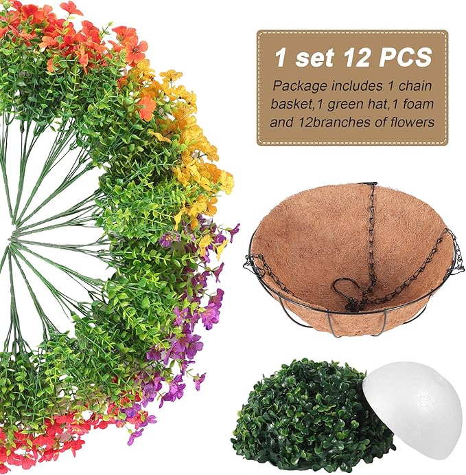 Artificial Faux Hanging Flowers Plants Basket for Outdoors Spring Summer Decoration,Hanging Planters with Silk Fake Daisy Flowers Realistic UV Resistant for Outside Balcony Patio Porch Home Multicolor