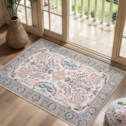 Tangsoo 2x3 Small Rug for Entryway, Washable Area Entry Rug Non Slip, Neutral Low Pile Soft Area Rugs, Indoor Front Door Boho Floral Throw Rugs for Entrance Kitchen Bedroom Bathroom Home Decor