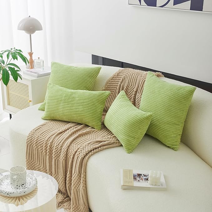 Home Brilliant 20x20 Spring Pillow Covers Set of 2 Throw Pillows Striped Velvet Cushion Cover Decorative Throw Pillows for Chair Couch Bedroom Decor, 50cm, 20 x 20 Inch, Apple Green