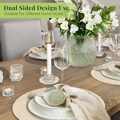 13-Inch Faux Leather Round Placemats Set of 12, Waterproof Anti-Slip Dual Sided Place mats, Heat Resistant Washable Table Mats with Coaster, Suitable for Indoor & Outdoor (12, Beige Dark Coffee)