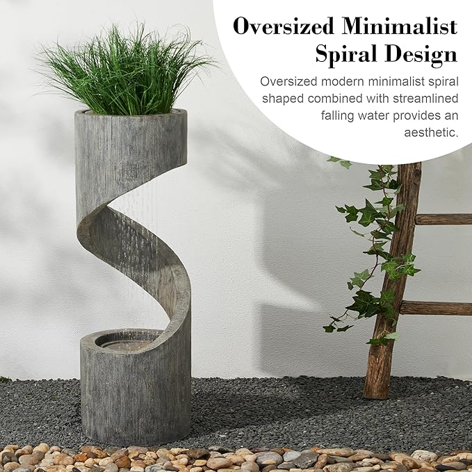 Glitzhome Tiered Outdoor Water Fountain with LED Light, Modern Spiral Outdoor Fountain with Stone Planter, Freestanding Curved Waterfall Fountains for Garden Patio Deck Porch, 40”H