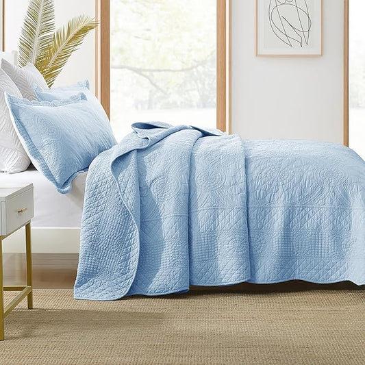 MarCielo 3-Piece 100% Cotton Oversized Bedspread Lightweight Quilt Coverlet Embroidery Farmhouse Bedding Set (Tf Light Blue, Oversized Queen (100"x106"))