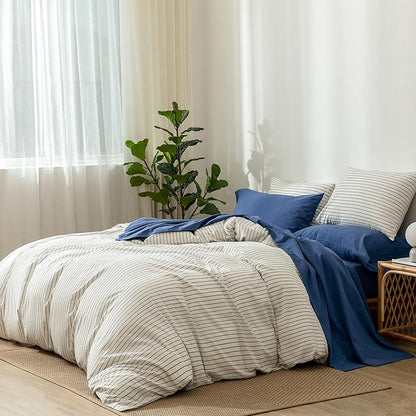 MooMee Bedding Sheet Set 100% Washed Cotton Linen Like Textured Breathable Durable Soft Comfy (Solid Navy, King)