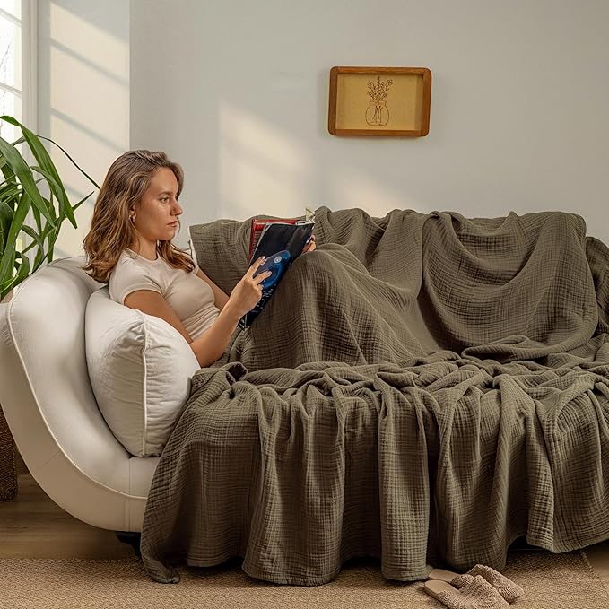 Muslin Blanket - Pure 100% Turkish Cotton Airy Soft Light Versatile Gauze Throw Blanket for Bed, Couch, Sofa (Khaki Green, Throw Size (50" x 66" inch))