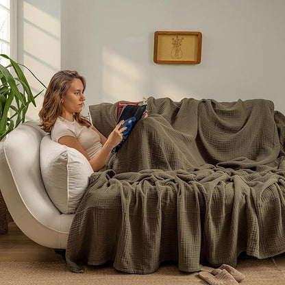 Muslin Blanket - Pure 100% Turkish Cotton Airy Soft Light Versatile Gauze Throw Blanket for Bed, Couch, Sofa (Khaki Green, Throw Size (50" x 66" inch))