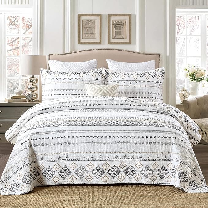 Quilts King Size - King Quilt Bedspread Sets, 100% Cotton Boho Quilt Bedding Set for King Bed, 3 Pieces Bohemian Reversible Striped Lightweight Quilted Quilt Bed Spread, White