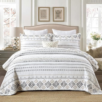 Quilts King Size - King Quilt Bedspread Sets, 100% Cotton Boho Quilt Bedding Set for King Bed, 3 Pieces Bohemian Reversible Striped Lightweight Quilted Quilt Bed Spread, White