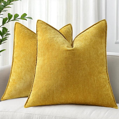 decorUhome Spring Couch Throw Pillow Covers 16x16 Set of 2, Decorative Soft Velvet Neutral Chenille Pillow Covers with Elegant Design for Sofa Bed Living Room Home Decor, Mineral Yellow