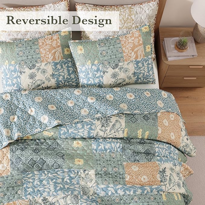 CASAAGUSTO King Size Quilt Set - 3 Pieces Patchwork Green Quilt Bedding Set, Lightweight King Bedspread Coverlet, Reversible Floral Bed Cover for All Seasons (106"x94", 1 Quilt + 2 Pillow Shams)