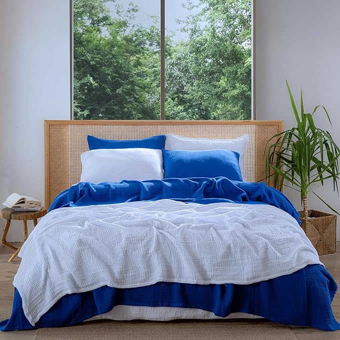 Muslin Blanket - Pure 100% Turkish Cotton Airy Soft Light Versatile Gauze Throw Blanket for Bed, Couch, Sofa (Blue, Twin XL Size (71" x 95" inch))