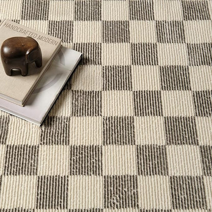 Revival Rugs Gambit 6'7"x9' Checkered Rug Washable Area Rug for Living Room Bedroom - 100% Recycled Oeko-TEX Certified, Medium Pile, Gray, Beige