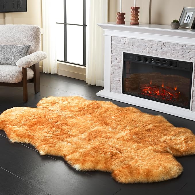 SAFAVIEH Sheep Skin Collection Accent Rug - 3'7" x 5'11", Champagne & Copper Brown, Handmade Rustic Genuine Pelt, 3.4-inch Thick Ideal for High Traffic Areas in Foyer, Living Room, Bedroom (SHS121K)