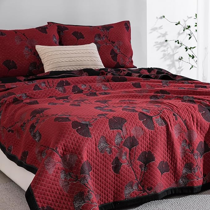 100% Cotton Muslin Jacquard 2 Piece Quilt Set Floral Ginkgo Leaf Print, Soft 3 Layers Gauze Bed Cover Reversible Bedspread Coverlet Breathable Lightweight Bedding Set, Twin