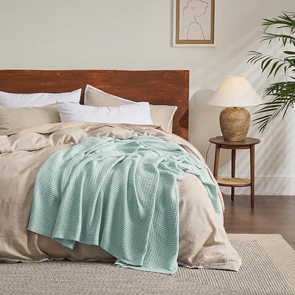 Bedsure Gentlesoft 100% Cotton Blanket King Size for Bed - Breathable and Soft, Thick Cozy Waffle Weave Christmas Blanket Gift for Women, Mint, 104x90 inches