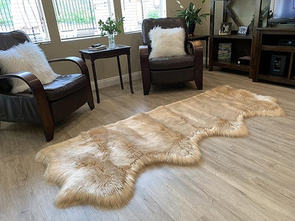 LAMBZY Faux Sheepskin Super Soft Hypoallergenic Silky Shag Rug for Living Room, Kids Room, Sofa (Quarto 4 Pelts Side by Side 3'x8', Beige)