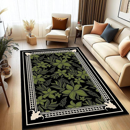 Retro Botanical Print Area Rug 5x8ft, Black and Green Large Washable Carpet, Non-Slip Low Pile Mat for Living Room, Dining Room, Bedroom, Nursery