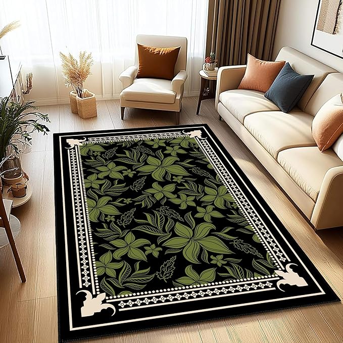 Retro Botanical Print Area Rug 4x6ft, Black and Green Large Washable Carpet, Non-Slip Low Pile Mat for Living Room, Dining Room, Bedroom, Nursery