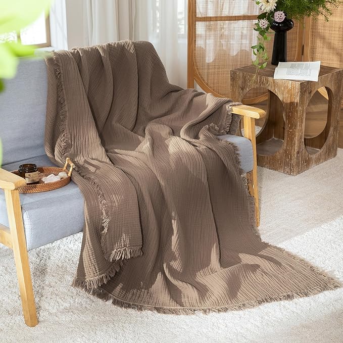 MooMee Muslin Blanket - 100% Cotton 4-Layer Gauze Throw Blanket with Tassels Ultra-Soft Breathable Lightweight Cooling for Bed Couch (Brown, Queen 90" x 90")