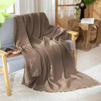 MooMee Muslin Blanket - 100% Cotton 4-Layer Gauze Throw Blanket with Tassels Ultra-Soft Breathable Lightweight Cooling for Bed Couch (Brown,Super King 108" x 98")
