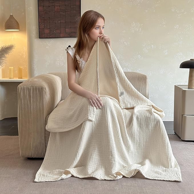Simple&Opulence 100% Cotton Muslin Blanket, Lightweight Breathable 4 Layering Soft Cotton Throw Blanket,Gauze Blanket for Bed Couch Camping All-Season Use (Off White, 50"x60")
