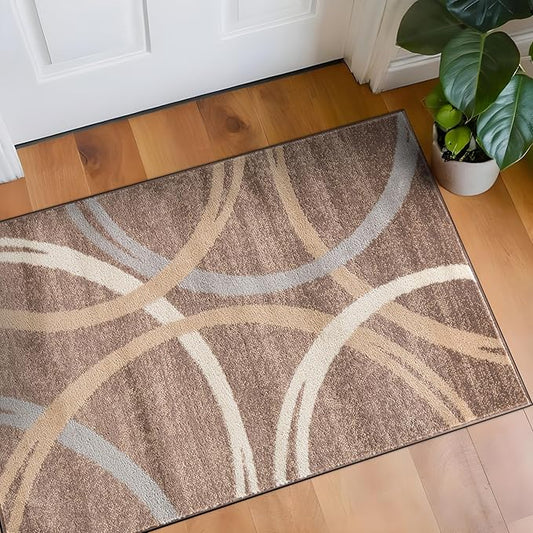 Rugshop Modern Wavy Circles Design Accent Rug, Fade-Resistant Carpet for Entryway, Bathroom, or Small Spaces, Brown, 2'7" x 4'