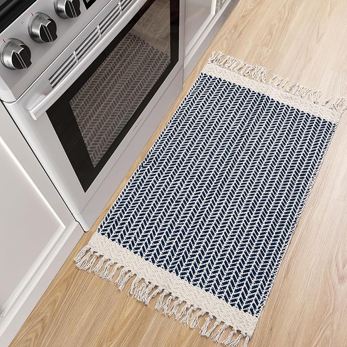 Lahome Boho Bathroom Rugs, Small 2x3 Front Door Mat Lightweight Entryway Rug Woven Cotton Area Rug with Tassels, Farmhouse Non Shedding Washable Blue Throw Rug Low Pile Carpet for Entry Laundry