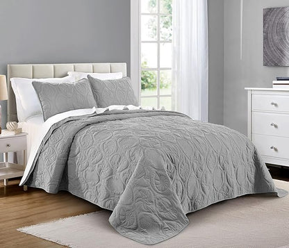 Pure Bedding Quilt Set King/Cal King/California King Size Light Grey - Oversized Bedspread - Microfiber Coverlet - Includes 1 Quilt and 2 Shams, Ocean Star Pattern