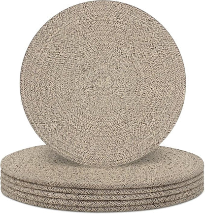 Round Placemats Set of 6, Cotton Rope Woven Table Mats, Hot Pads for Kitchen, Non Slip Heat Resistant Place Mats, 13 Inches Braided Placemat for Farmhouse Decor and Kitchen Table Decor (Brown)