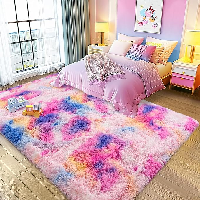 8x10 Large Area Rugs for Living Room, Ultra Fluffy Shag Rug for Bedroom, Modern Plush Soft Carpet for Girls Boys Kids Room Dorm Fuzzy Non Slip Rug for Home Decor Aesthetic, Dark Rainbow