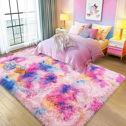 8x10 Large Area Rugs for Living Room, Ultra Fluffy Shag Rug for Bedroom, Modern Plush Soft Carpet for Girls Boys Kids Room Dorm Fuzzy Non Slip Rug for Home Decor Aesthetic, Dark Rainbow