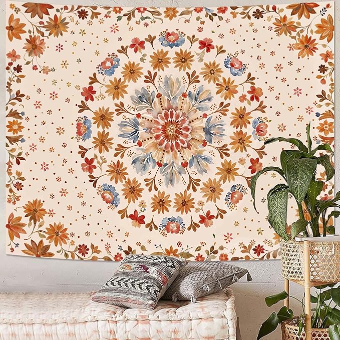 Fowocu Boho Floral Mandala Tapestry Wall Hanging Watercolor Bohemian Flower Medallion Tapestry Aesthetic Beige Orange Hippie Indian Small Tapestries for Bedroom Living Room Dorm Decor 60 x 44 Inch