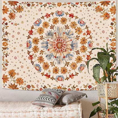 Boho Floral Mandala Tapestry Wall Hanging Watercolor Bohemian Flower Medallion Tapestry Aesthetic Beige Orange Hippie Indian Extra Large Tapestries for Bedroom Living Room Dorm Decor 90 x 68 Inch