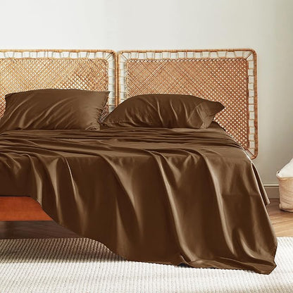 Bedsure California King Sheet Sets, Cooling Sheets for Hot Sleepers, Rayon Derived from Bamboo, Breathable & Soft, Deep Pocket Up to 16 Inches, Hotel Luxury Silky Bedding, Brown