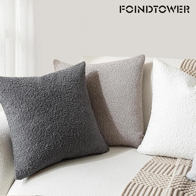 Foindtower Textured Boucle Throw Pillow Covers Accent Solid Pillow Cases Cozy Soft Decorative Couch Cushion Case for Chair Sofa Bedroom Living Room Home Decor, 18 x 18 Inch,Neutral Grey