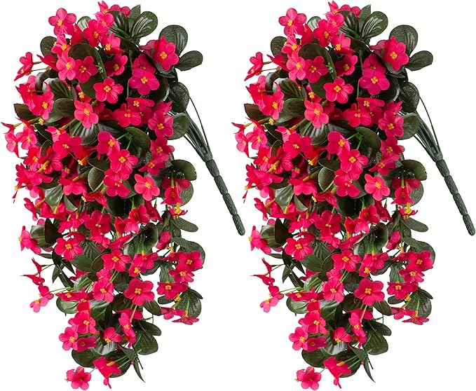 HyeFlora Artificial Fake Outdoor Outside Hanging Plants Flowers Vines for Spring Decoration, 2PCS Faux Silk Hotpink Daisy Mums UV Resistant Look Real Orchid Vine for Indoor Home Balcony Porch Planter