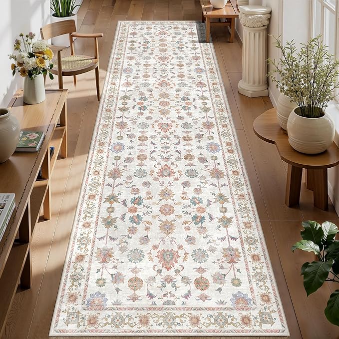 Tangsoo Runner Rug Hallway 2.6x10 Washable Carpet Runner Boho Vintage Floral Distressed Print Non Slip Soft Low-Pile Indoor Rug for Kitchen, Entryway, Bedroom, Laundry, Hallway Runner(Home Decor)