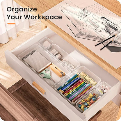 A-LuGei 【46PCS & 5Sizes】 Clear Drawer Organizer,【Hold 277 Items】 Makeup Organizer, Bathroom Organizers and Storage, Organization and Storage, Organizer Bins for Office Vanity Kitchen Tool Trays