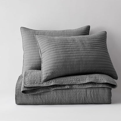 WDCOZY 100% Cotton Queen Size Quilt Set - Grey Striped Pick Stitch Soft Lightweight Bedspread, Textured Like Linen, Farmhouse Country Rustic Coverlet, Shabby Chic Gauze Bedding, 3 Pieces
