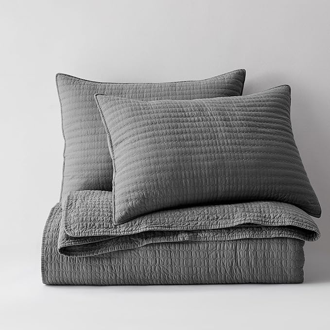 WDCOZY 100% Cotton Twin Size Quilt Set - Grey Striped Pick Stitch Soft Lightweight Bedspread, Textured Like Linen, Farmhouse Country Rustic Coverlet, Shabby Chic Gauze Bedding, 2 Pieces