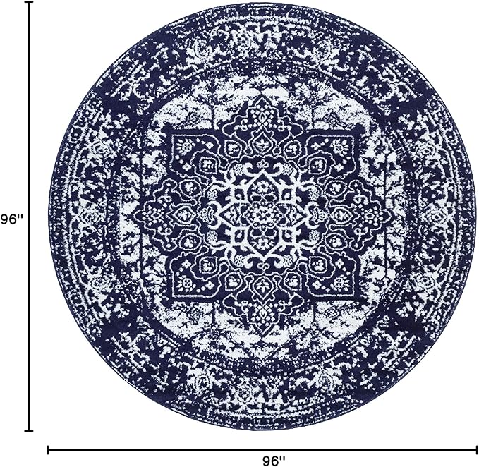 Rugs.com Arlington Collection Rug – 8 Ft Round Navy Blue Medium-Pile Rug Perfect for Kitchens, Dining Rooms