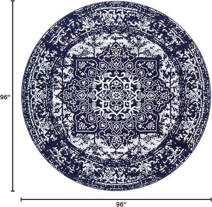 Rugs.com Arlington Collection Rug – 8 Ft Round Navy Blue Medium-Pile Rug Perfect for Kitchens, Dining Rooms