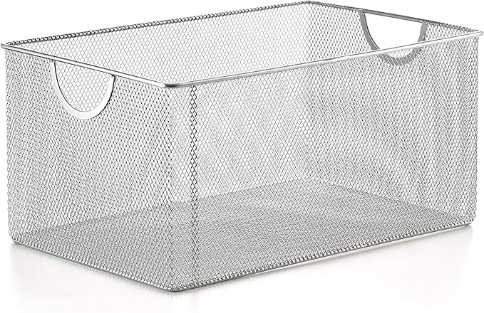 YBM Home Mesh Wire Storage Basket for Shelves, Pantry Organization, and Kitchen - Multipurpose Steel Wire Basket Holder Bin for Organizing Office Supplies, Household Toiletries and Laundry Supplies