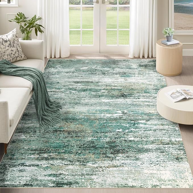 5x7 Area Rugs for Living Room, Washable Modern Abstract Large Area Rug Neutral Soft Non Slip Kids Rug Stain Resistant Indoor Carpet for Bedroom Nursery Dining Room Home Office(Green, 5'x7')