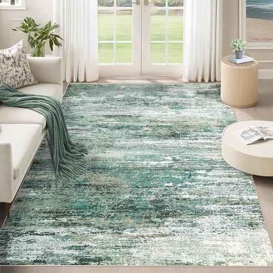5x7 Area Rugs for Living Room, Washable Modern Abstract Large Area Rug Neutral Soft Non Slip Kids Rug Stain Resistant Indoor Carpet for Bedroom Nursery Dining Room Home Office(Green, 5'x7')