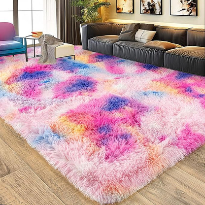 8x10 Large Area Rugs for Living Room, Ultra Fluffy Shag Rug for Bedroom, Modern Plush Soft Carpet for Girls Boys Kids Room Dorm Fuzzy Non Slip Rug for Home Decor Aesthetic, Dark Rainbow