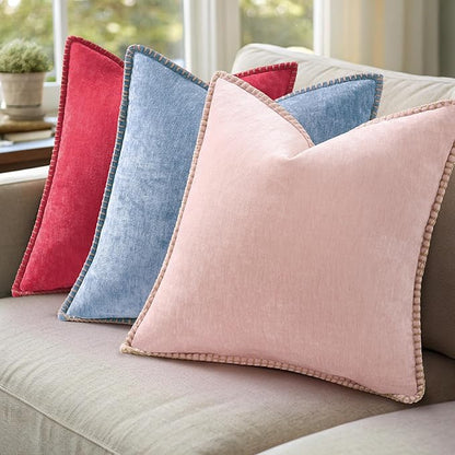 decorUhome Spring Chenille Soft Throw Pillow Covers 18x18 Set of 2, Farmhouse Velvet Neutral Decorative Pillow Covers with Stitched Edge for Couch Sofa Bed Home Decor, Red