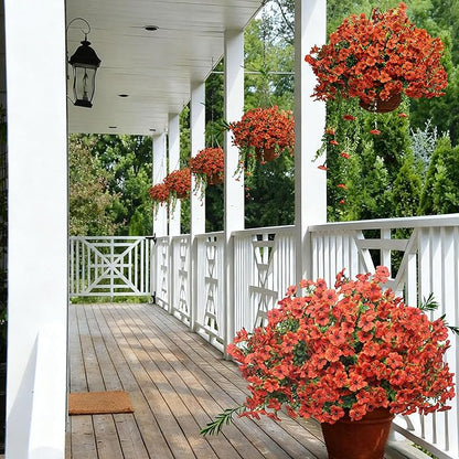 16 Bundles Artificial Flowers – UV Resistant Faux Mums in Orange for Garden, Patio, Porch & Home Décor, Realistic Fake Flowers for Wedding & Yard Decoration
